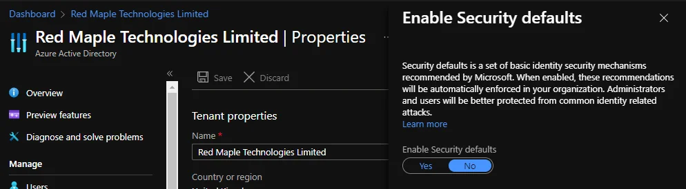Security Defaults settings
