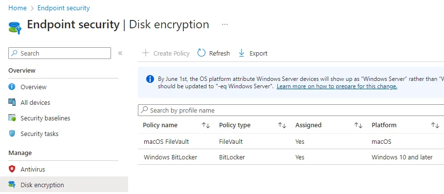 Disk encryption options in Intune